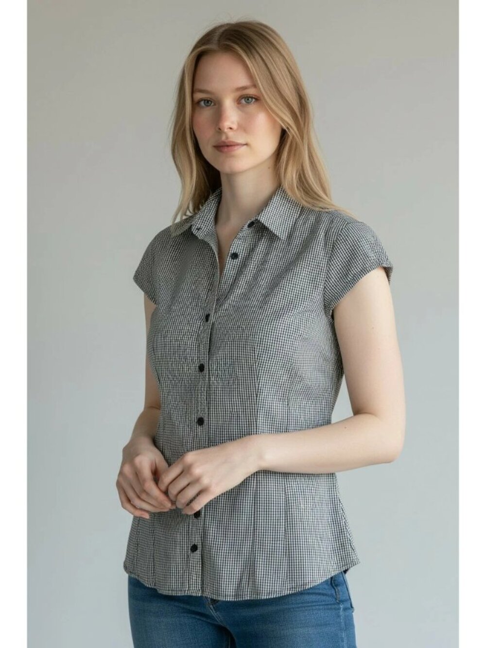 H&M Womens Black & White Checkered Button-Up Blouse  Size 12